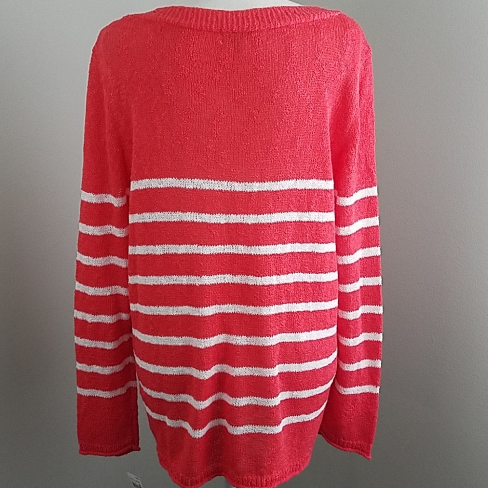 *NWT! Coral & White Lg Striped Long Sleeve sweater - Picture 2 of 7